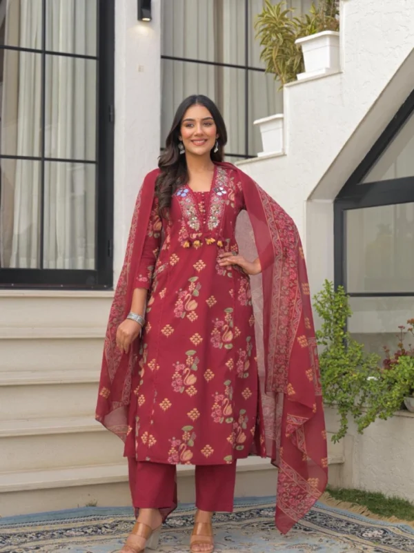 Printed Straight Kurti Set with Dupatta (Maroon)-2 Printed Straight Kurti Set with Dupatta (Maroon)