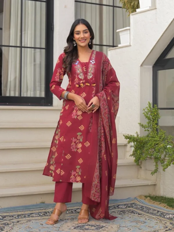 Printed Straight Kurti Set with Dupatta (Maroon)-4 Printed Straight Kurti Set with Dupatta (Maroon)