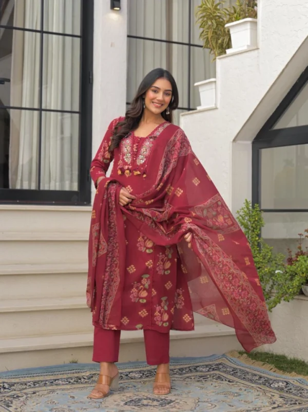 Printed Straight Kurti Set with Dupatta (Maroon) Printed Straight Kurti Set with Dupatta (Maroon)