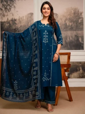 Traditional Printed Kurti Set with Dupatta (Blue)