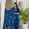 blue A Red Printed Kurti Set With Matching Pants And Dupatta