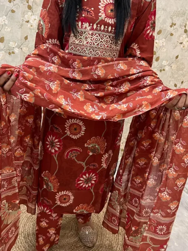 brown Rust Floral Salwar Kameez Featuring Intricate Gold Embroidery