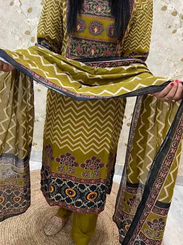 green Olive-Green Printed Kurti Set With A Matching Dupatta