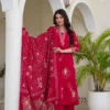 red A Red Printed Kurti Set With Matching Pants And Dupatta