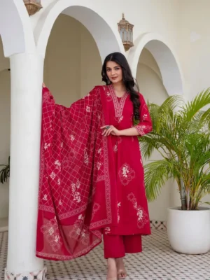 red A Red Printed Kurti Set With Matching Pants And Dupatta