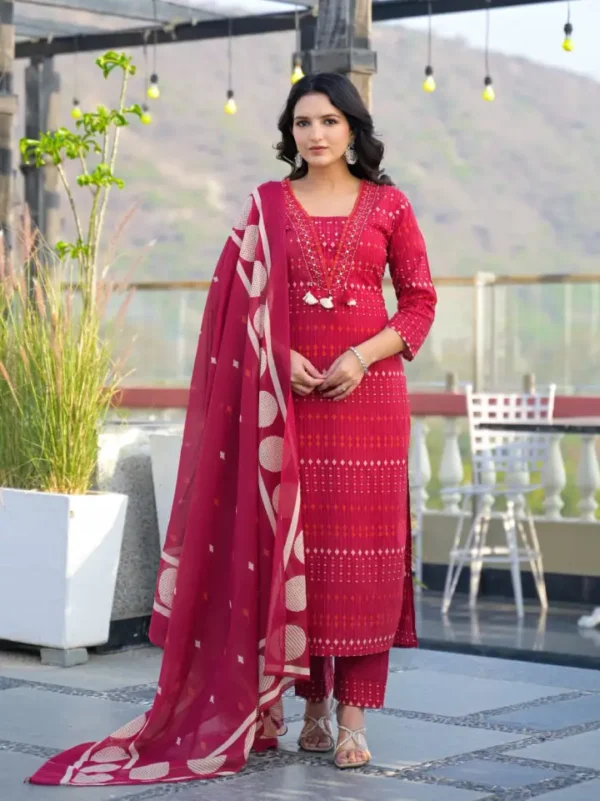 red2 Elegant Red Printed Churidar Set