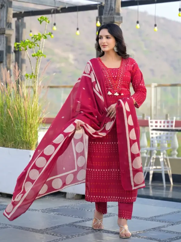 red3 Elegant Red Printed Churidar Set