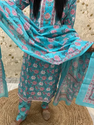 sky blue A Turquoise Floral-Print Salwar Kameez With White Lace Detailing On The Neckline, Matching Trousers, A Coordinating Dupatta