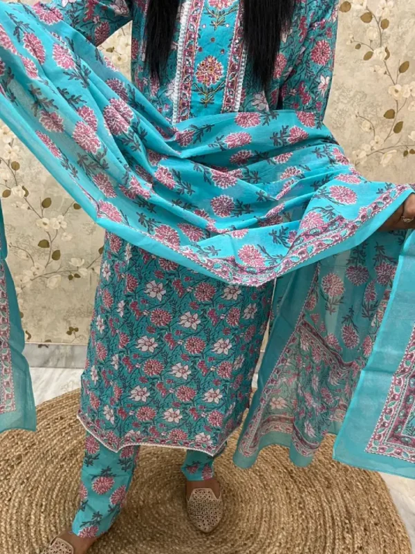 A Turquoise Floral-Print Salwar Kameez With White Lace Detailing On The Neckline, Matching Trousers, A Coordinating Dupatta