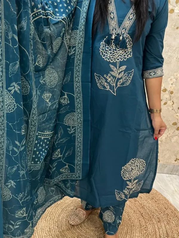 teal blue A Brown Printed Kurti Set With A Matching Dupatta And Tassel Neckline