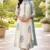 white Off-White Cotton Kurta Set With Blue Block-Print Motifs And Matching Dupatta