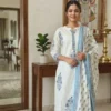 white 2 Off-White Cotton Kurta Set With Blue Block-Print Motifs And Matching Dupatta