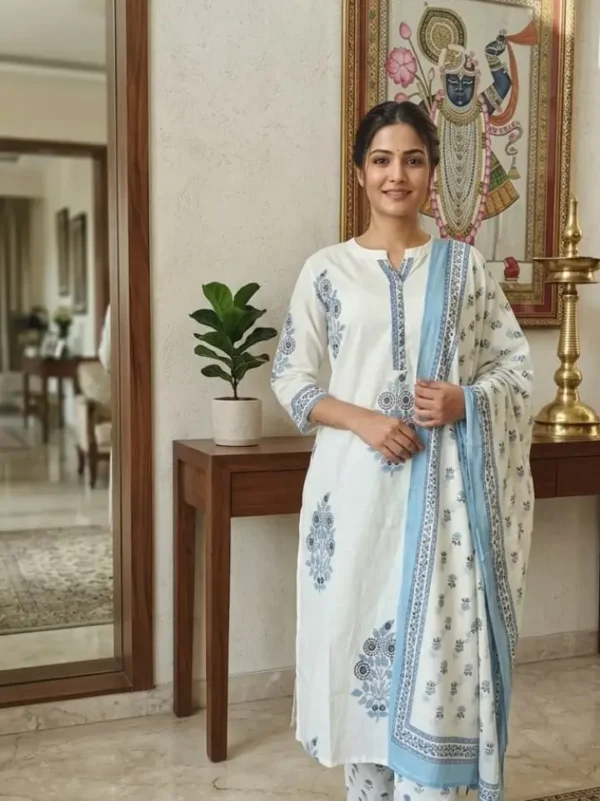 white 2 Off-White Cotton Kurta Set With Blue Block-Print Motifs And Matching Dupatta