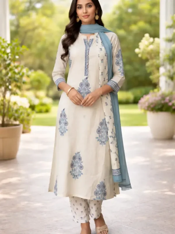 white Off-White Cotton Kurta Set With Blue Block-Print Motifs And Matching Dupatta