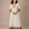 An Elegant Ivory Kurti With Geometric Diamond Prints And Contrasting Mustard And Black Borders(Kurti Only)