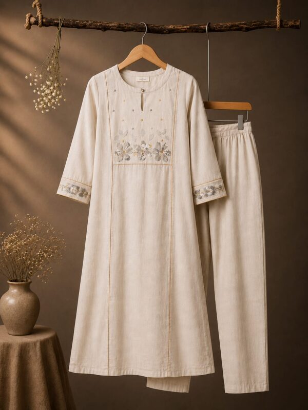 Elegant Ivory Kurti Set Featuring Delicate Floral Aplaque And Subtle Golden Detailing For A Timeless Graceful Look.