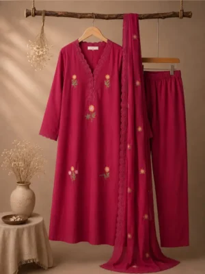 deep red A Vibrant Deep Red Ethnic Suit Featuring A Lace-Trimmed, Embroidered Kurti With Matching Trousers And Dupatta