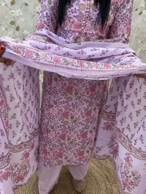 lav123 A Lavender Floral-Print Ethnic Suit Featuring A Button-Detailed Kurta, Matching Trousers, And A Patterned Dupatta
