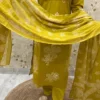 Mustard Yellow Printed Kurti Set With Intricate White Motifs And Embroidery, Elegantly Draping A Matching Dupatta