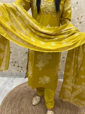 mustard yellow Mustard Yellow Printed Kurti Set With Intricate White Motifs And Embroidery, Elegantly Draping A Matching Dupatta