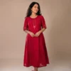 Deep Red Dress Features A Flowing Silhouette With Delicate Art Work 0n The Neckline And Sleeves(Only Kurti)