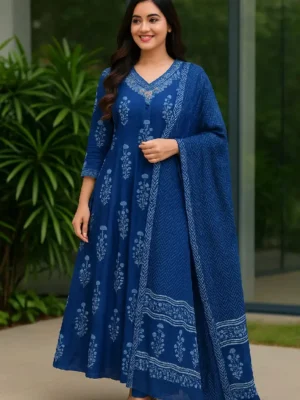 Step Into Effortless Elegance With This Rich Indigo Blue Anarkali Kurti Set.