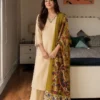 E  Elegant Cream Kurta Set With Matching Pants And A Floral Printed Dupatta.