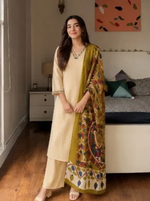 E  Elegant Cream Kurta Set With Matching Pants And A Floral Printed Dupatta.